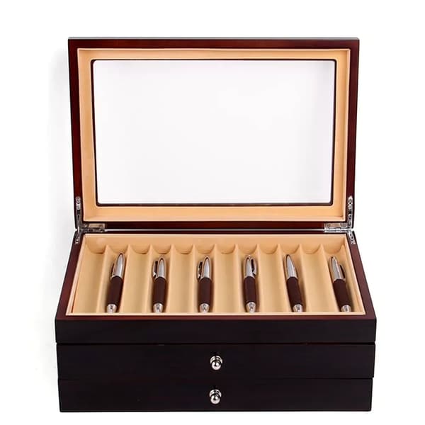 Pen Opbevaringsboks, 34-Pen Kapacitet, 3-Lags Design, Gennemsigtig Top,Chokolade