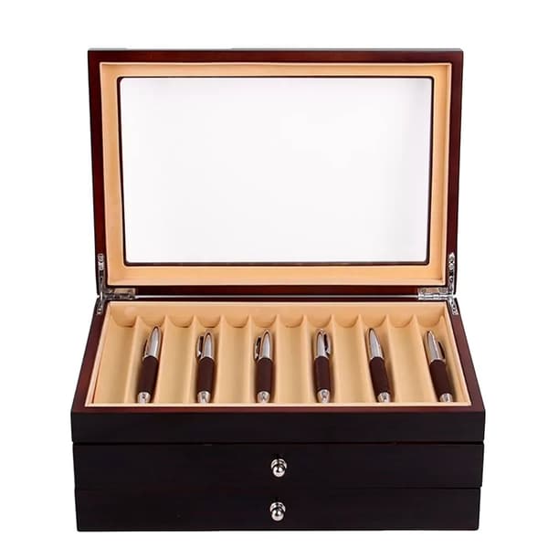 Pen Opbevaringsboks, 34-Pen Kapacitet, 3-Lags Design, Gennemsigtig Top,Chokolade