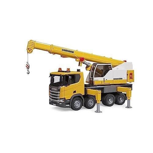 Lastbil med kran BRUDER SCANIA SUPER 560R Liebherr med ljus och ljud - Vit