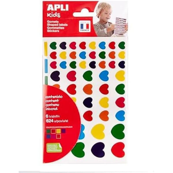 Hjärtformade klistermärken - APLI KIDS - 19720 - 624 klistermärken - Återplacerbart klister - 6 ark
