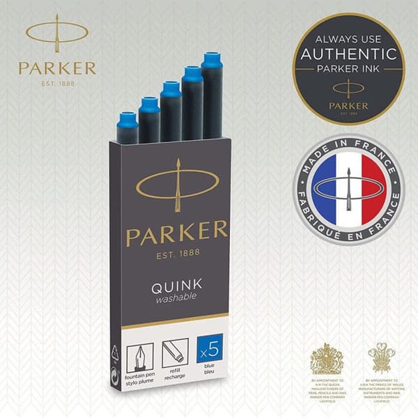 Bläckpatroner - PARKER - Quink - 5 långa - Utplåningsbar blå bläck - 75 mm