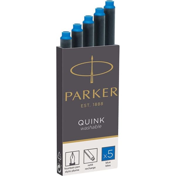 Bläckpatroner - PARKER - Quink - 5 långa - Utplåningsbar blå bläck - 75 mm