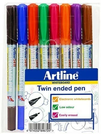 Artline valkotaulukynä, kaksipäinen, 8 väriä