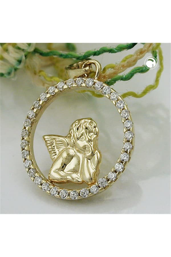 Pendant 14mm Angel Motif With Zirconias 9k Gold - GL431325