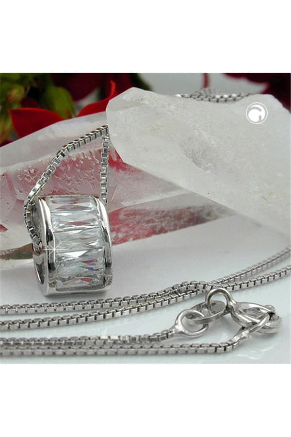 Necklace 0.9mm Box Chain With Pendant Oval With Zirconias Rhodium Plated Silver 925 42cm - GL91643