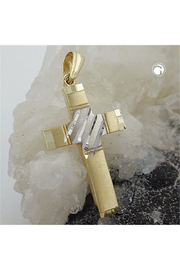 Pendant 20x14mm Cross Bicolor Diamond Cut 9k Gold - GL431306