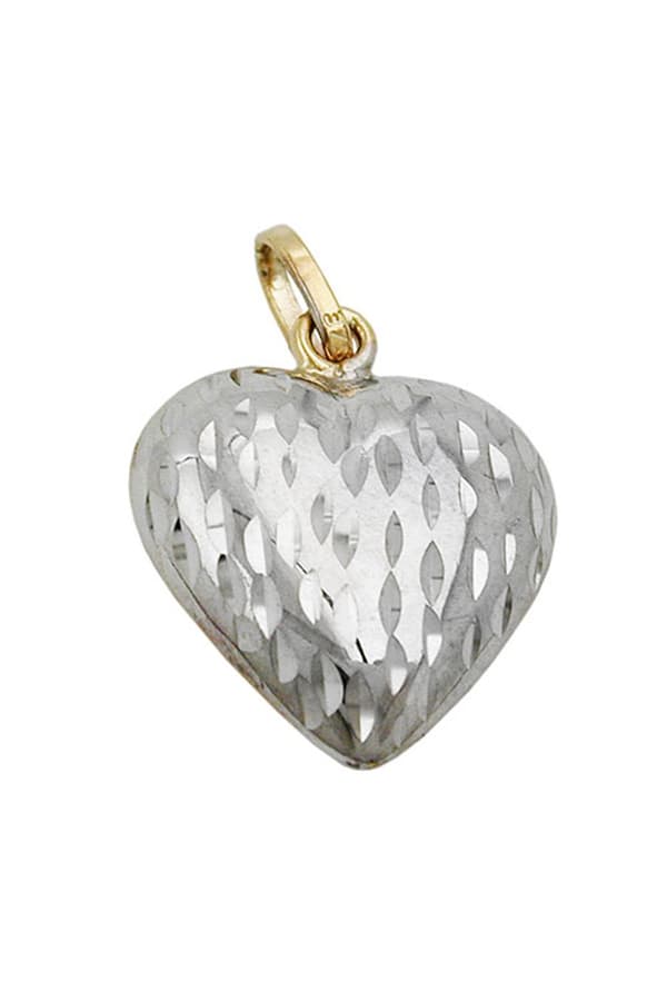 Pendant14x13mm Heart Bicolor Rhodium Plated Diamond Cut 9k Gold - GL431293