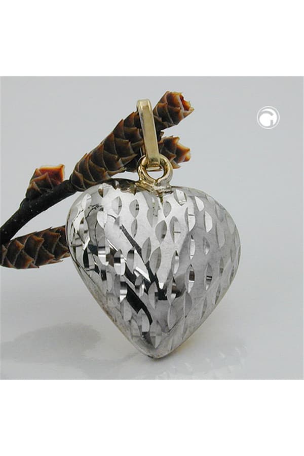 Pendant14x13mm Heart Bicolor Rhodium Plated Diamond Cut 9k Gold - GL431293