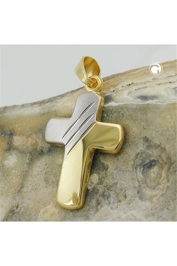 Pendant 16x12mm Cross Bicolor Diamond Cut 9k Gold - GL431274
