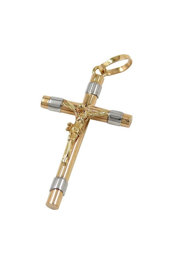 Pendant 25x14mm Cross With Jesus Crucifix Bicolor Rhodium Plated 9k Gold - GL430651