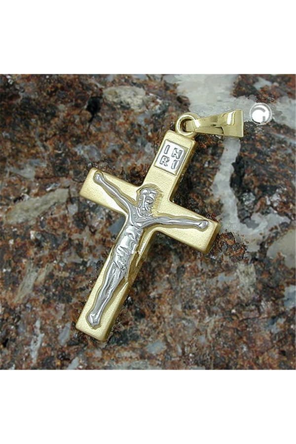 Pendant 27x16mm Cross With Jesus Bicolor Shiny 9k Gold - GL430223