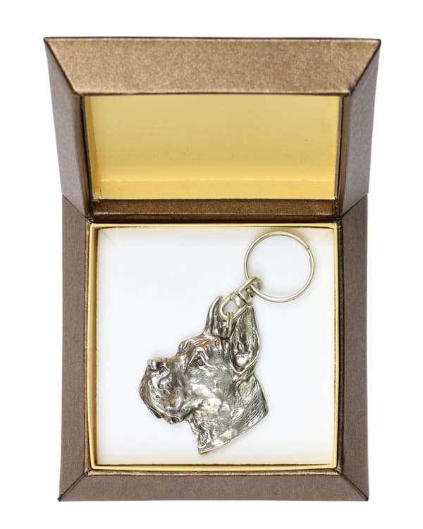 Great Dane I - silverpläterad nyckelring med en hund i en dekorativ låda, handväska dekoration, ryggsäckshänge från Art-Dog