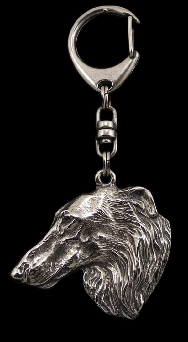 Ryska Borzoi, Borzoi, Barzoi - silverpläterad nyckelring med hund, handväska dekoration, ryggsäckshänge från Art-Dog