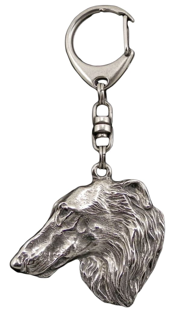 Ryska Borzoi, Borzoi, Barzoi - silverpläterad nyckelring med hund, handväska dekoration, ryggsäckshänge från Art-Dog