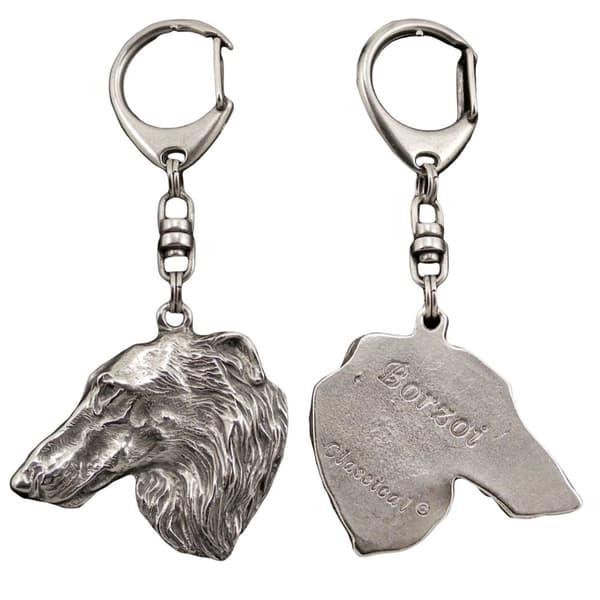 Ryska Borzoi, Borzoi, Barzoi - silverpläterad nyckelring med hund, handväska dekoration, ryggsäckshänge från Art-Dog
