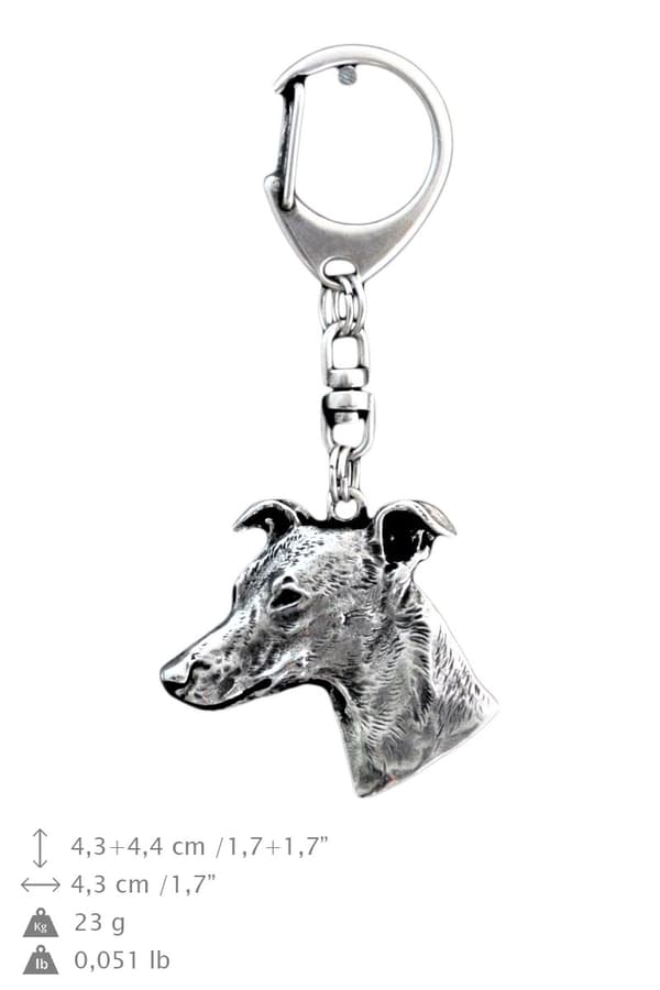 Whippet, engelsk vinthund - silverpläterad nyckelring med hund, handväska dekoration, ryggsäckshänge från Art-Dog