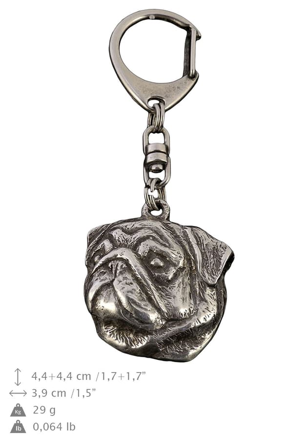 Mops, Mops, Carlin II - silverpläterad nyckelring med hund, handväska dekoration, ryggsäckshänge från Art-Dog