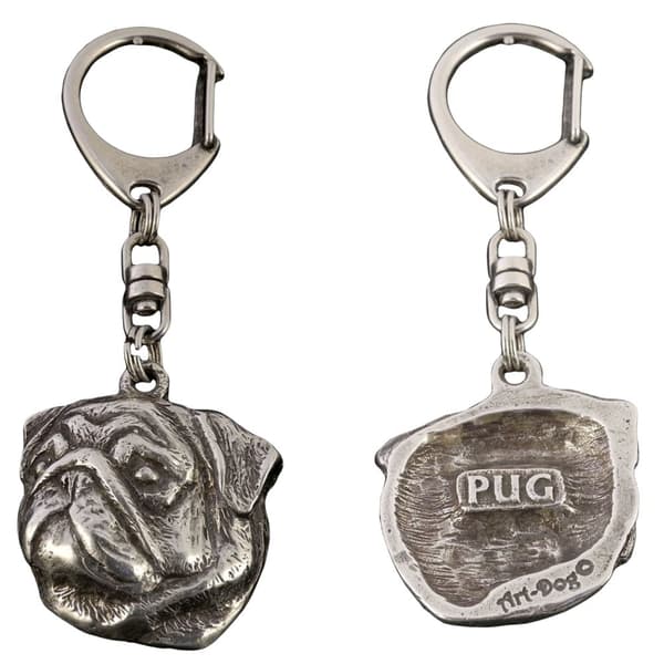 Mops, Mops, Carlin II - silverpläterad nyckelring med hund, handväska dekoration, ryggsäckshänge från Art-Dog