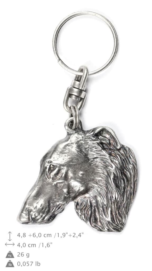 Ryska Borzoi, Borzoi, Barzoi - silverpläterad nyckelring med hund, handväska dekoration, ryggsäckshänge från Art-Dog