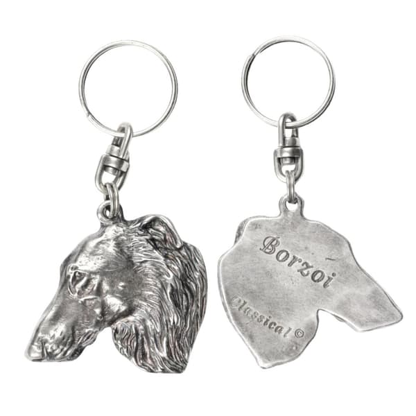 Ryska Borzoi, Borzoi, Barzoi - silverpläterad nyckelring med hund, handväska dekoration, ryggsäckshänge från Art-Dog