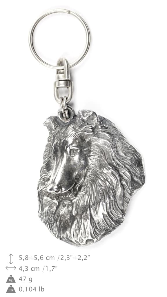 Långhårig skotsk herde, Collie grov - silverpläterad nyckelring med hund, handväska dekoration, ryggsäckshänge från Art-Dog
