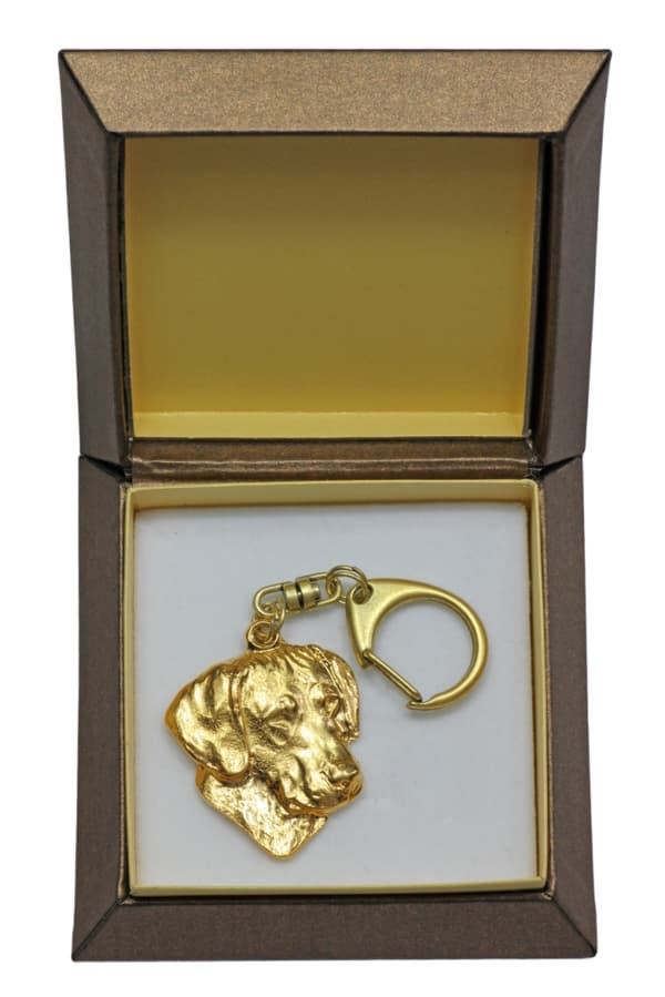 Rhodesian Ridgeback, African Lion Dog - guldpläterad nyckelring med en hund i presentförpackning, handväska dekoration, lyxigt tillbehör från Art-Dog