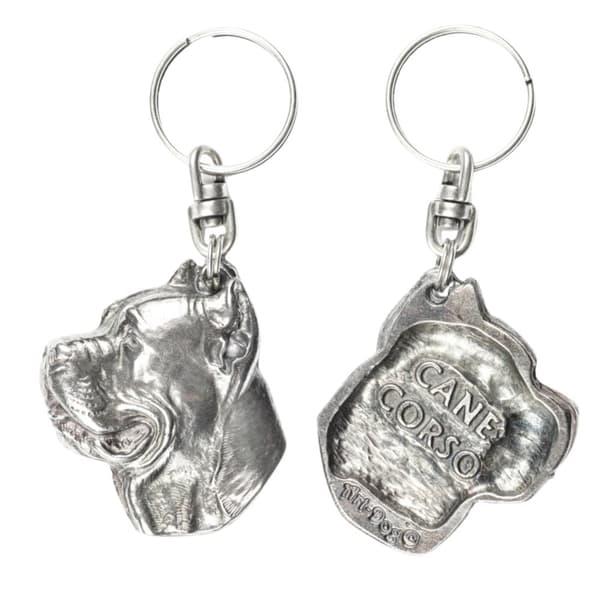 Cane Corso Italiano - silverpläterad nyckelring med en hund i en dekorativ låda, handväska dekoration, ryggsäckshänge från Art-Dog