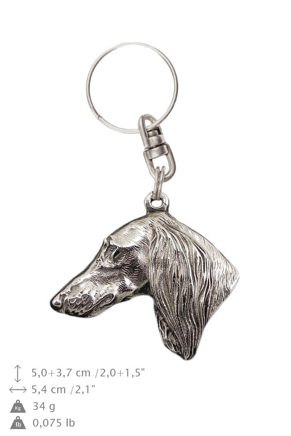 Persianvinttikoira, Saluki - hopeoitu avaimenperä koiralla koristelaatikossa, käsilaukun koristelu, reppuriipus Art-Dogilta