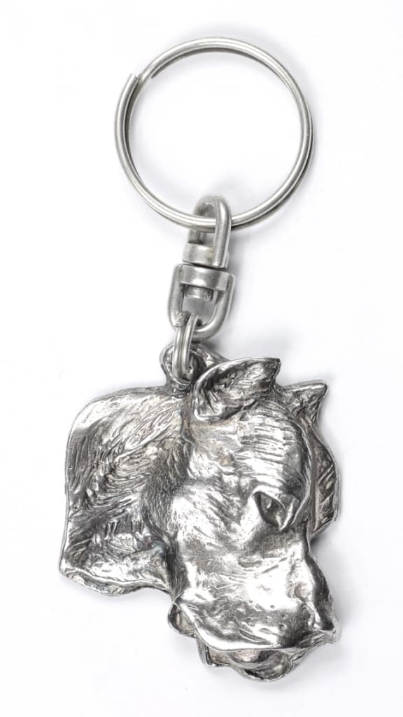 Tanskan dogi, Dogo Argentino - hopeoitu avaimenperä koiralla koristelaatikossa, käsilaukun koristelu, reppuriipus Art-Dogilta