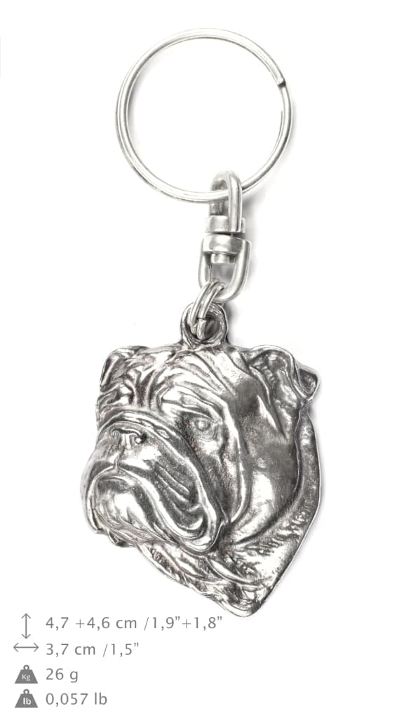 Engelsk bulldog, Bulldog II - silverpläterad nyckelring med en hund i en dekorativ låda, handväska dekoration, ryggsäckshänge från Art-Dog