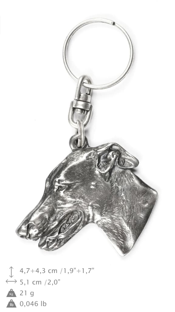Greyhound, engelsk vinthund - silverpläterad nyckelring med en hund i en dekorativ låda, handväska dekoration, ryggsäckshänge från Art-Dog