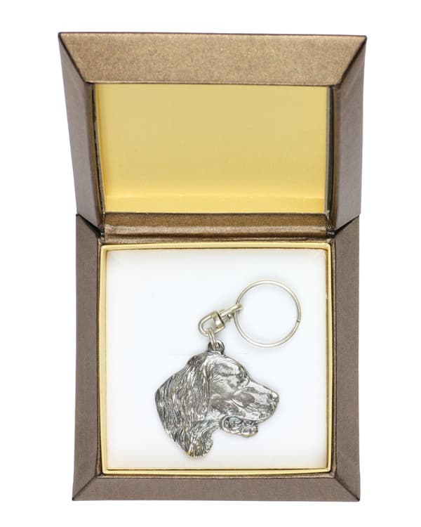 Engelsk Setter, Laverack - silverpläterad nyckelring med en hund i en dekorativ låda, handväska dekoration, ryggsäckshänge från Art-Dog