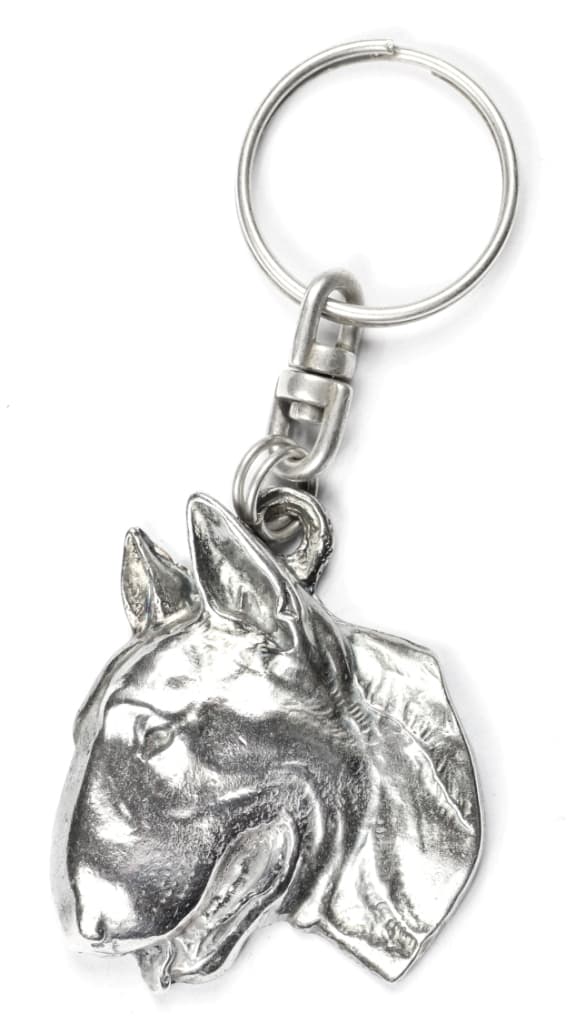 Bullterrieri, Bullterrieri II - hopeoitu avaimenperä koiralla koristelaatikossa, käsilaukun koristelu, reppuriipus Art-Dogilta