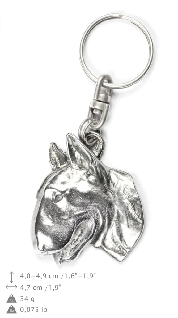 Bullterrieri, Bullterrieri II - hopeoitu avaimenperä koiralla koristelaatikossa, käsilaukun koristelu, reppuriipus Art-Dogilta