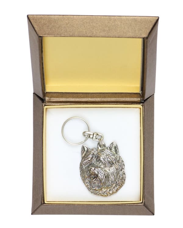 Cairn Terrier - silverpläterad nyckelring med en hund i en dekorativ låda, handväska dekoration, ryggsäckshänge från Art-Dog