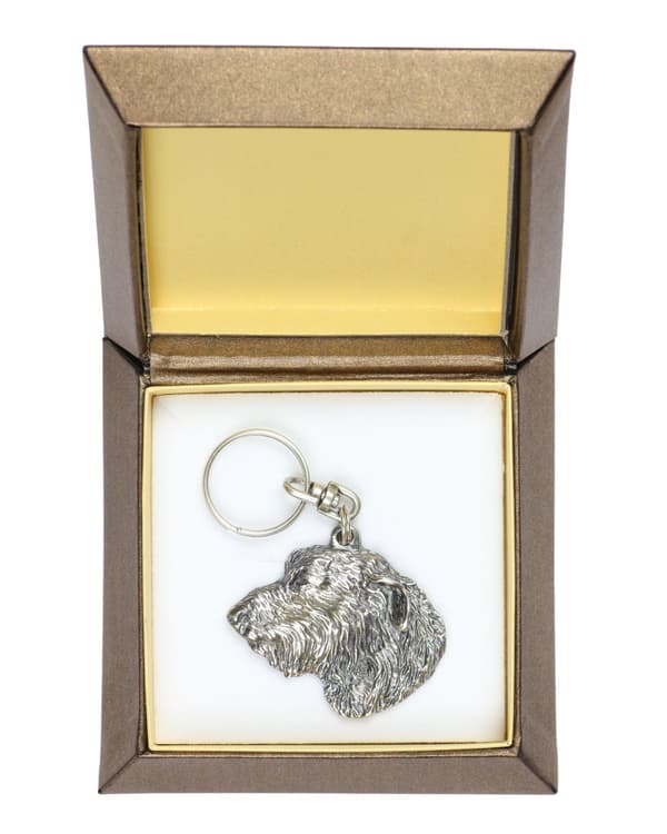 Irländsk varghund, irländsk varghund I - silverpläterad nyckelring med en hund i en dekorativ låda, handväska dekoration, ryggsäckshänge från Art-Dog