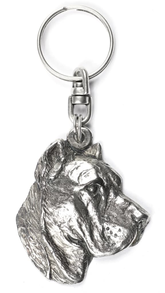 Presa Canario, Canary Dog - silverpläterad nyckelring med en hund i en dekorativ låda, handväska dekoration, ryggsäckshänge från Art-Dog