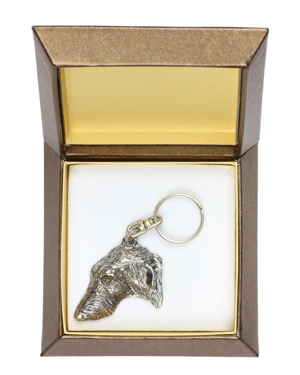Scottish Greyhound, Deerhound - silverpläterad nyckelring med en hund i en dekorativ låda, handväska dekoration, ryggsäckshänge från Art-Dog