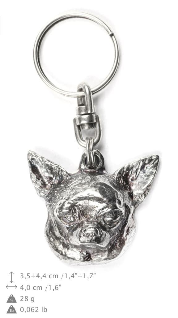 Korthårig Chihuahua - silverpläterad nyckelring med en hund i en dekorativ låda, handväska dekoration, ryggsäckshänge från Art-Dog