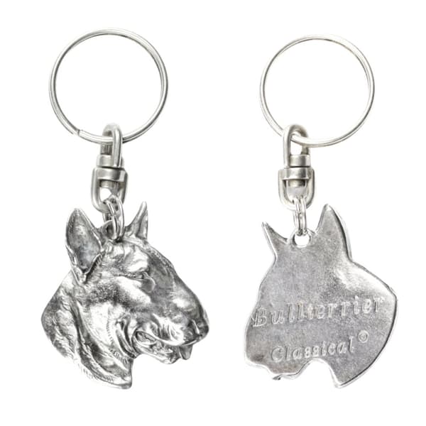 Bull terrier, Bull Terrier III - silverpläterad nyckelring med en hund i en dekorativ låda, handväska dekoration, ryggsäckshänge från Art-Dog