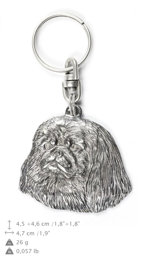 Pekingese - silverpläterad nyckelring med en hund i en dekorativ låda, handväska dekoration, ryggsäckshänge från Art-Dog