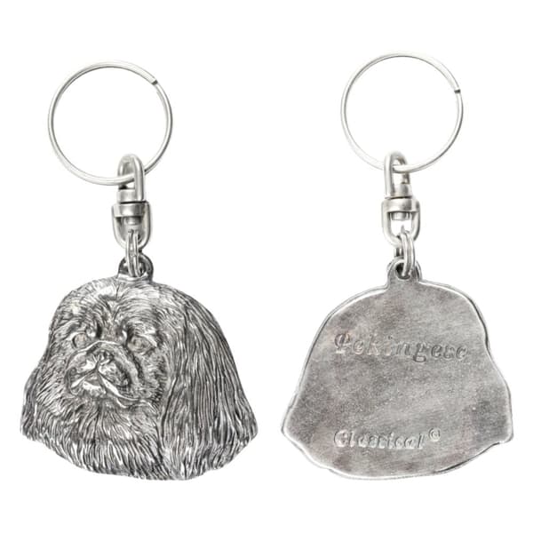 Pekingese - silverpläterad nyckelring med en hund i en dekorativ låda, handväska dekoration, ryggsäckshänge från Art-Dog