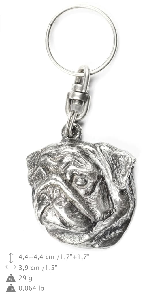 Mops, Mops, Carlin II - silverpläterad nyckelring med en hund i en dekorativ låda, handväska dekoration, ryggsäckshänge från Art-Dog