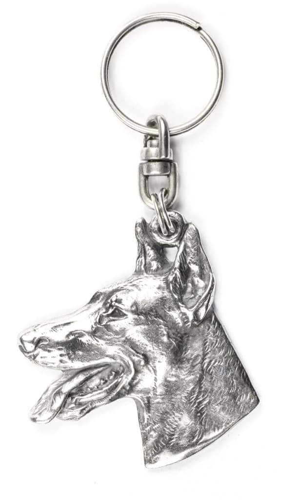 Doberman, Dobermann - silverpläterad nyckelring med en hund i en dekorativ låda, handväska dekoration, ryggsäckshänge från Art-Dog