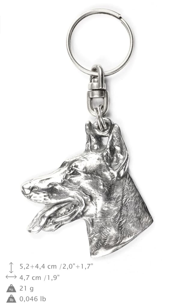 Doberman, Dobermann - silverpläterad nyckelring med en hund i en dekorativ låda, handväska dekoration, ryggsäckshänge från Art-Dog