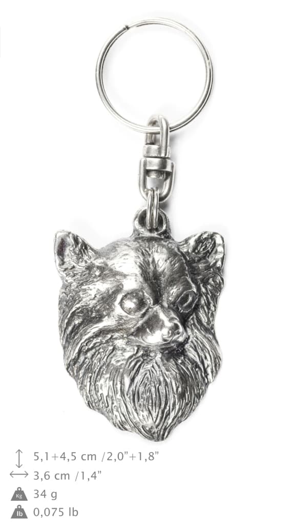 Långhårig Chihuahua - silverpläterad nyckelring med en hund i en dekorativ låda, handväska dekoration, ryggsäckshänge från Art-Dog