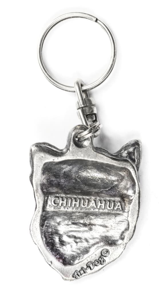 Långhårig Chihuahua - silverpläterad nyckelring med en hund i en dekorativ låda, handväska dekoration, ryggsäckshänge från Art-Dog