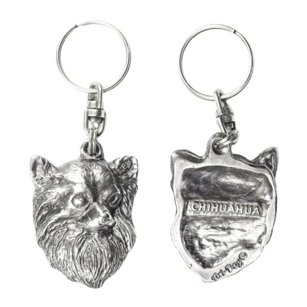 Långhårig Chihuahua - silverpläterad nyckelring med en hund i en dekorativ låda, handväska dekoration, ryggsäckshänge från Art-Dog