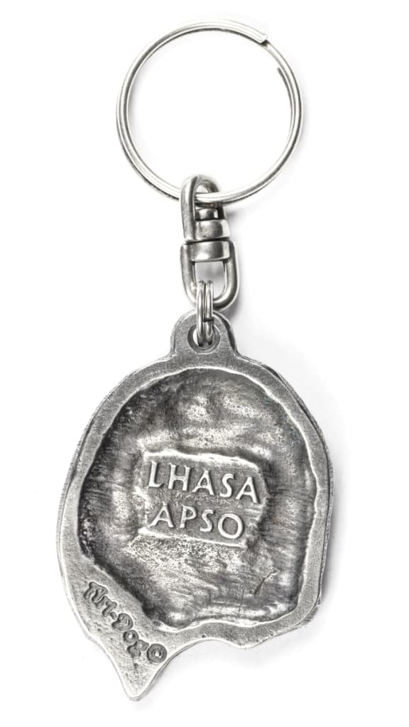 Lhasa Apso - hopeoitu avaimenperä koiralla koristelaatikossa, käsilaukun koristelu, reppuriipus Art-Dogilta
