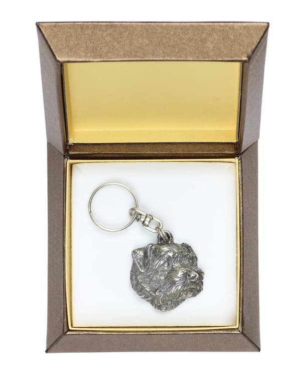 Norfolk Terrier - silverpläterad nyckelring med en hund i en dekorativ låda, handväska dekoration, ryggsäckshänge från Art-Dog